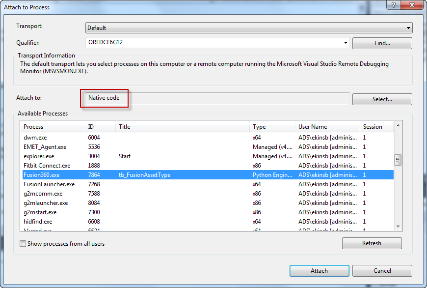 Attach to Process Dialog